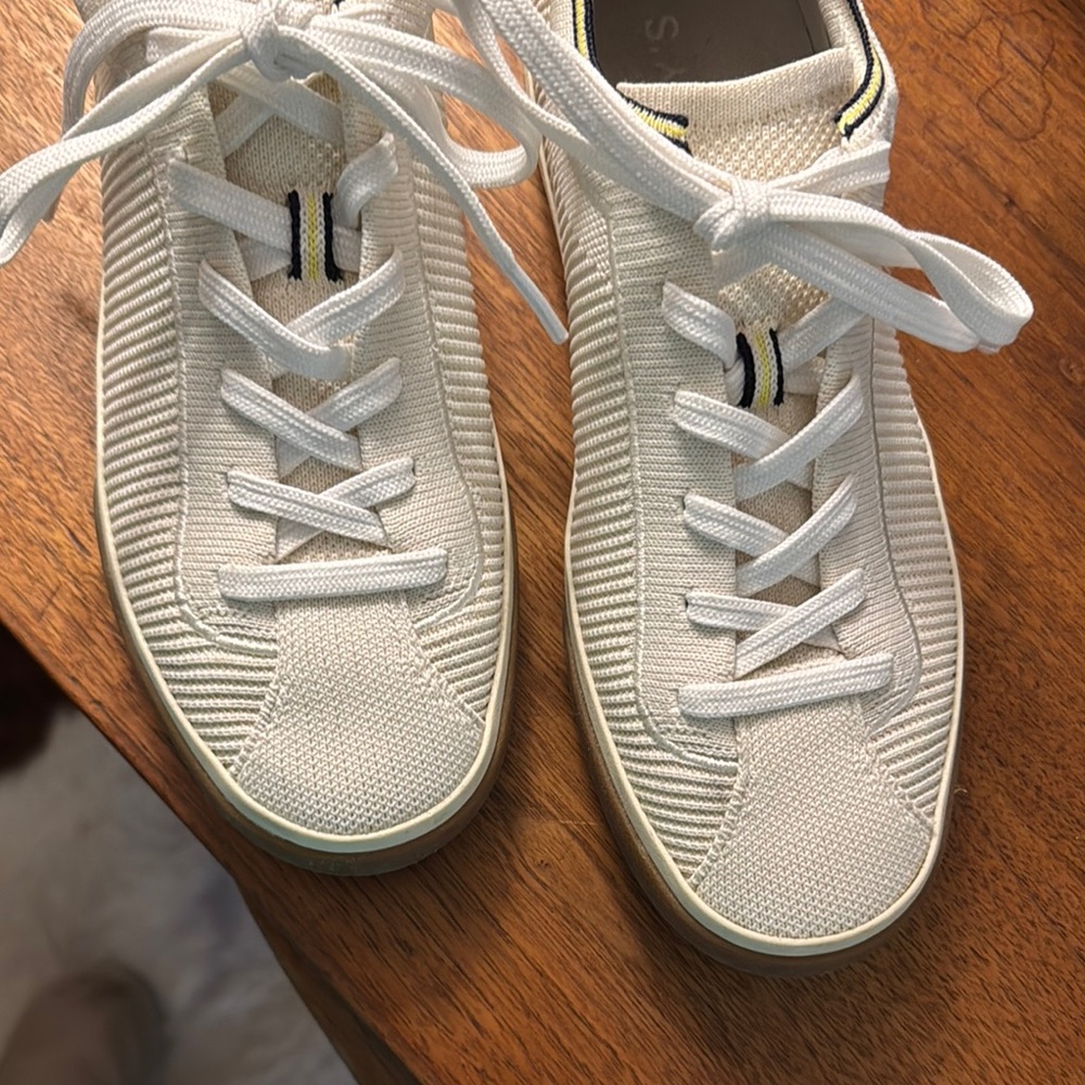 Rothy's Cream Knit Lace-Up Sneakers with Subtle Black & Yellow Trim - Picture 2 of 7